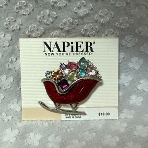 Napier Festive Red Sleigh Brooch with Gem Accents